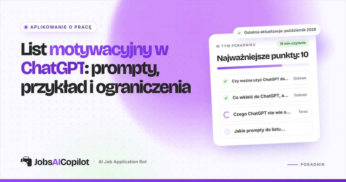 List motywacyjny w ChatGPT: szkic z przekreślonymi ogólnikami i poprawkami na fioletowej okładce JobsAICopilot