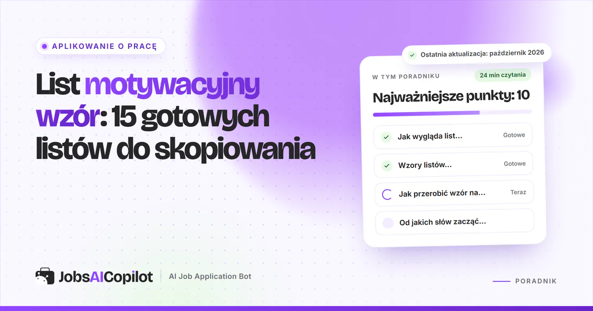 List motywacyjny wzór: gotowe listy dla sprzedawcy, pielęgniarki, magazyniera i stażysty na fioletowej okładce