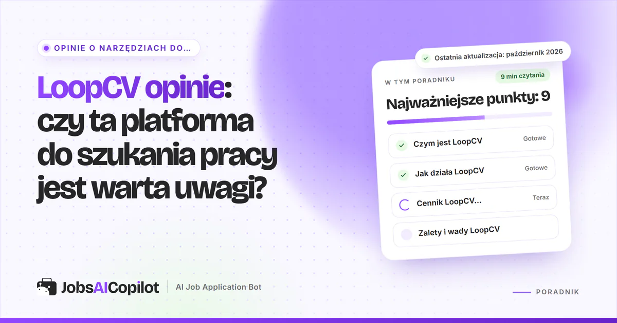 LoopCV opinie: karta z najważniejszymi funkcjami, rozbiciem cen, zaletami i wadami na fioletowej okładce
