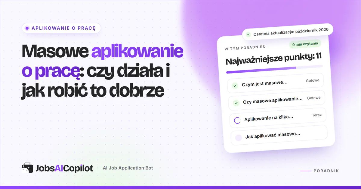 Masowe aplikowanie o pracę: karta z listą kontrolną, co pokazują dane z 2026 r., na okładce JobsAICopilot