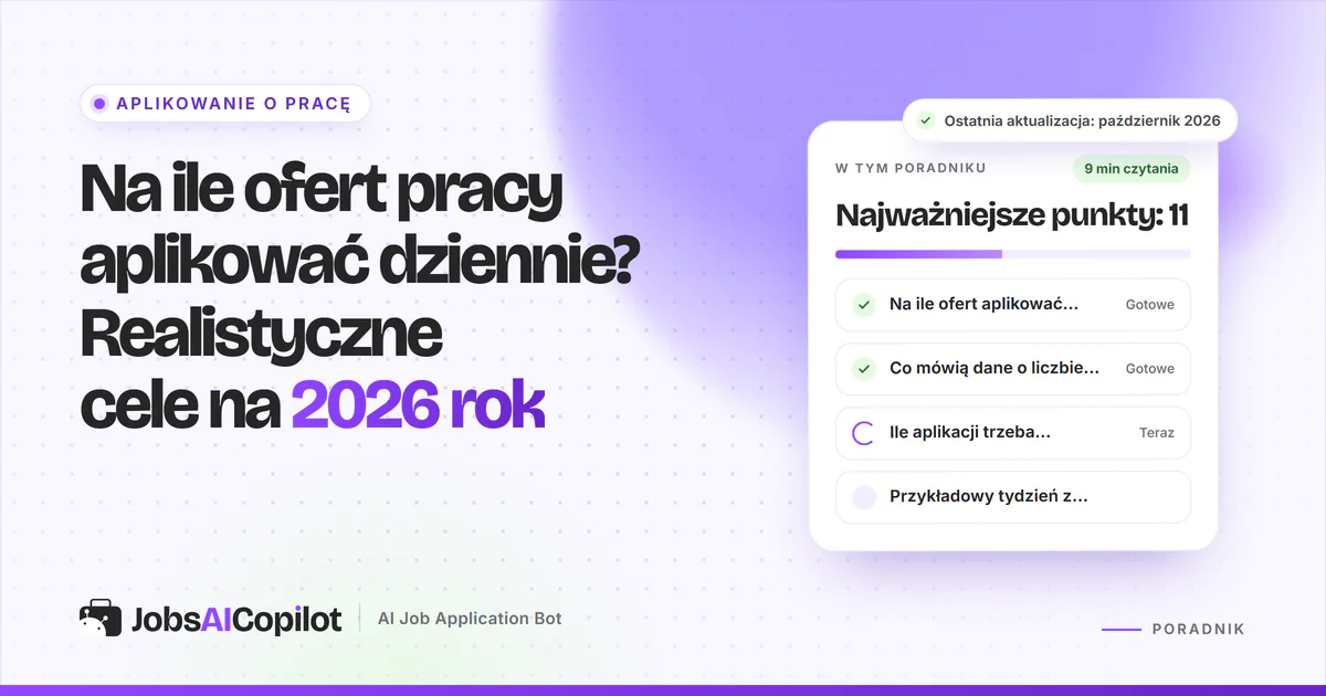 Na ile ofert pracy aplikować dziennie? Realistyczne cele na 2026 rok: karta z listą kontrolną na fioletowej okładce