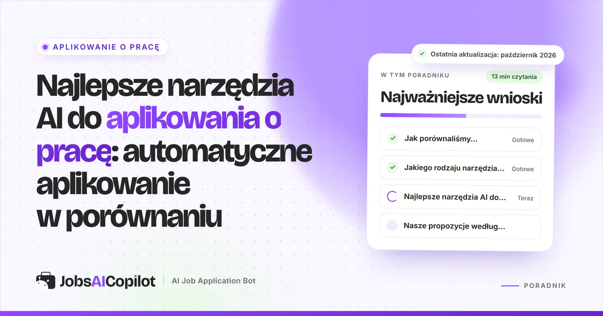 Najlepsze narzędzia AI do aplikowania o pracę: JobsAICopilot, Simplify, Jobright i JobCopilot na fioletowej okładce