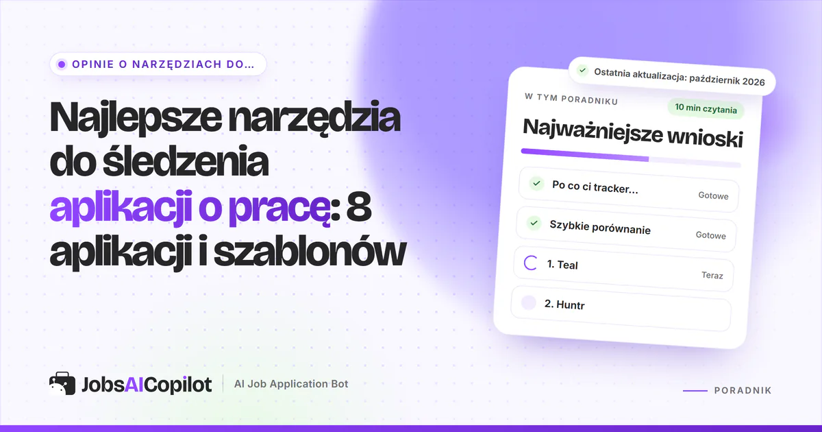 Tablica kanban do śledzenia aplikacji o pracę z kolumnami: zapisane, wysłane, rozmowy, propozycje, obok szablonu arkusza
