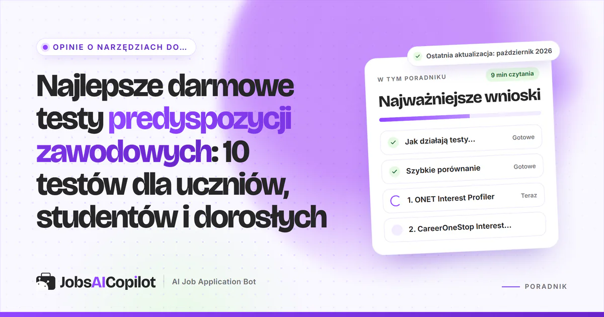 Student rozwiązuje darmowy test predyspozycji zawodowych online, a na ekranie widać wyniki RIASEC i pasujące zawody