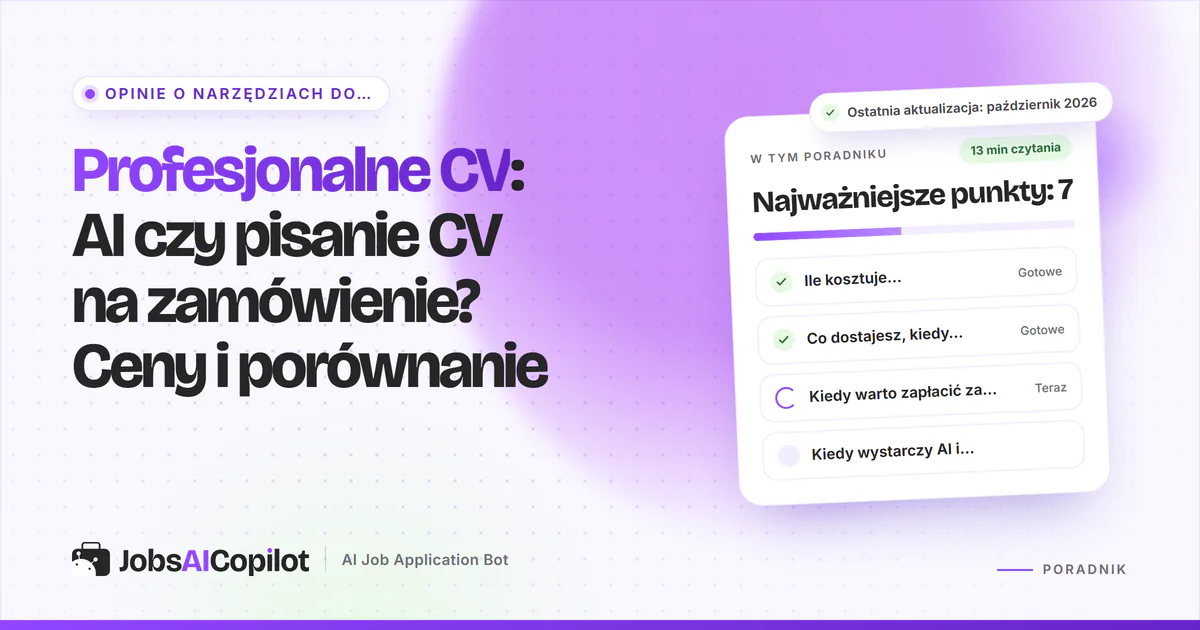 Porównanie cen: CV pisane na zamówienie w złotych obok kreatora CV z AI na fioletowej okładce
