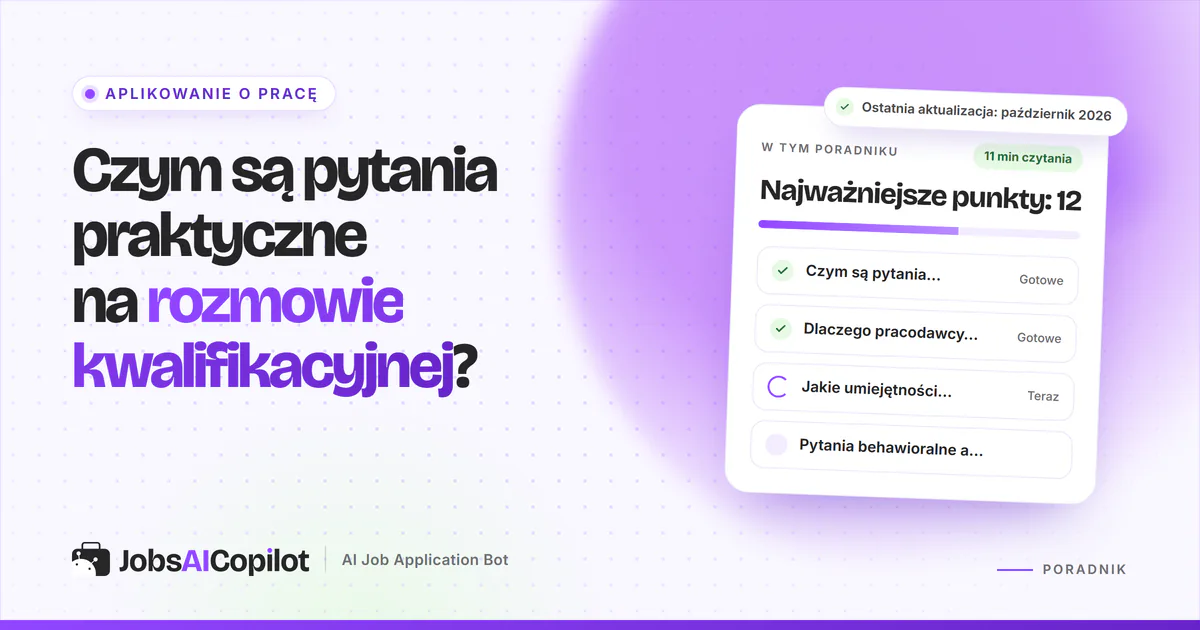 Pytania praktyczne na rozmowie kwalifikacyjnej jako czat z próbnej rozmowy na fioletowej okładce JobsAICopilot