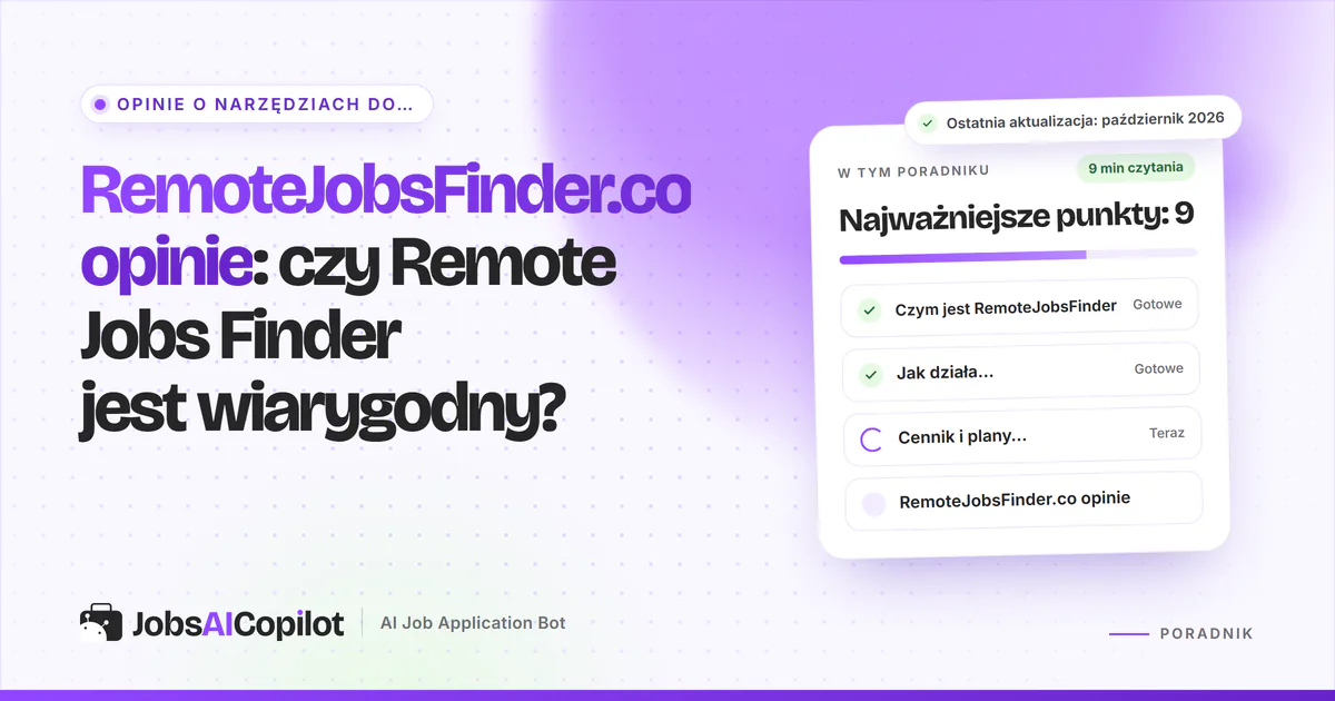 Okładka recenzji RemoteJobsFinder.co: karta z pytaniem, czy Remote Jobs Finder jest wiarygodny, obok listy z werdyktem