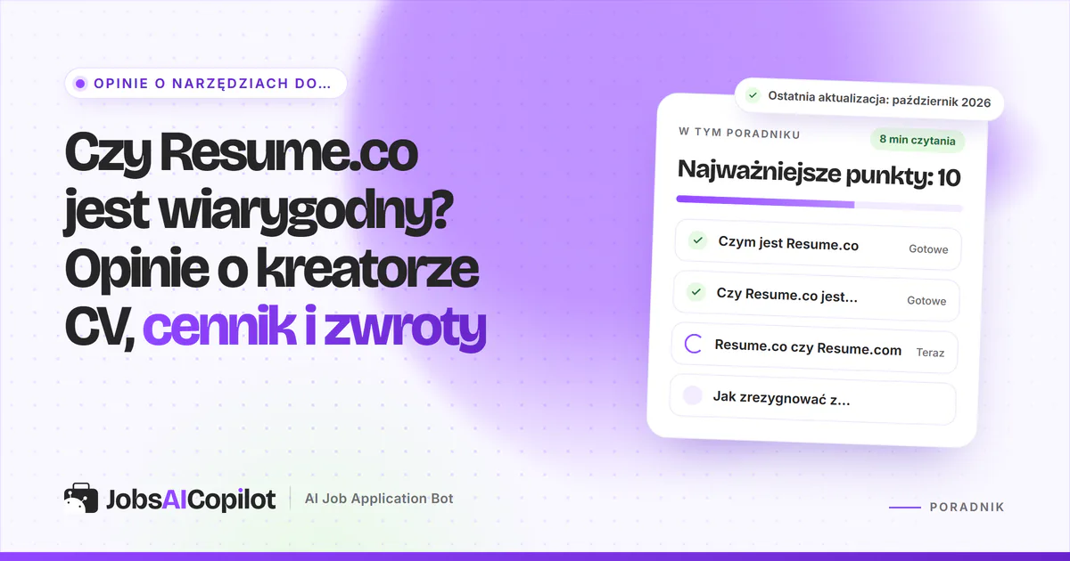 Karta weryfikacji Resume.co: najważniejsze funkcje, rozbicie cen i opinie użytkowników na fioletowej okładce