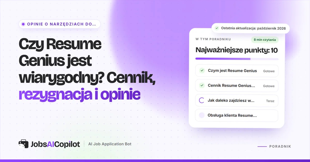 Karta weryfikacji Resume Genius: najważniejsze funkcje, rozbicie cen i opinie użytkowników na fioletowej okładce