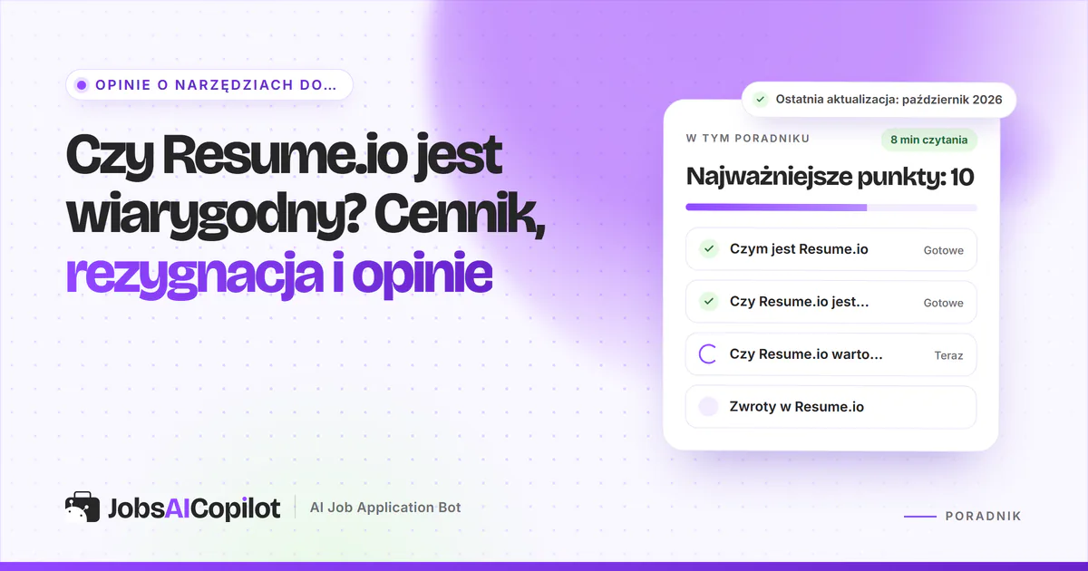 Karta weryfikacji Resume.io: najważniejsze funkcje, rozbicie cen i opinie użytkowników na fioletowej okładce
