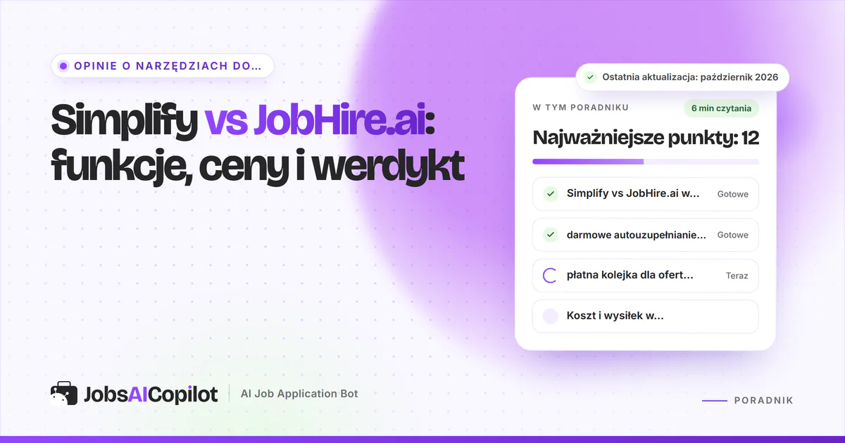 Karty porównania Simplify vs JobHire.ai z plakietką VS na fioletowej okładce JobsAICopilot