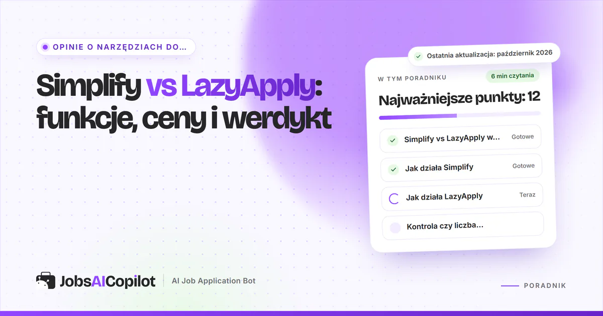 Karty porównania Simplify vs LazyApply z plakietką VS na fioletowej okładce JobsAICopilot