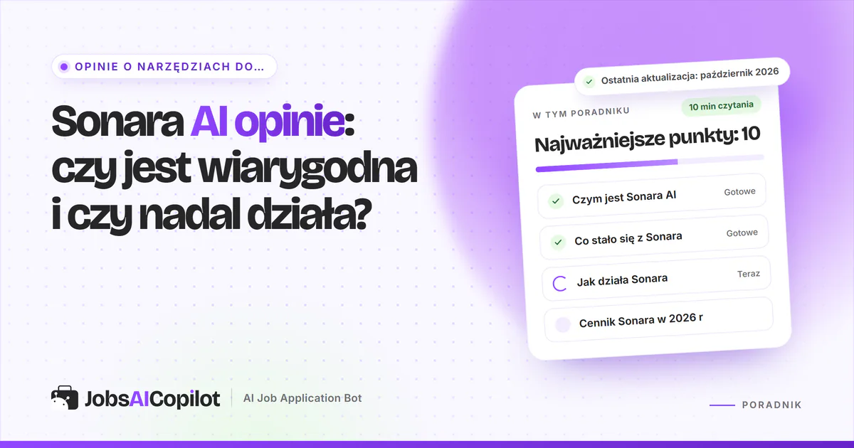 Sonara AI opinie: karta z najważniejszymi funkcjami, rozbiciem cen, zaletami i wadami na fioletowej okładce
