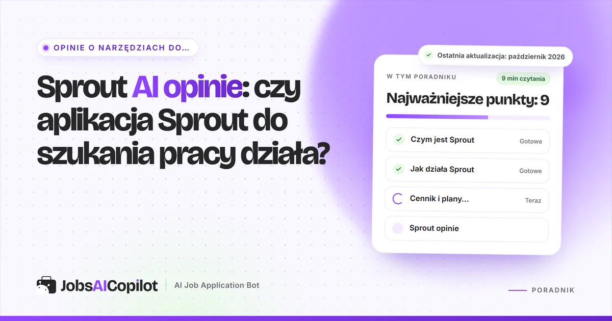 Okładka recenzji Sprout AI: karta z pytaniem, czy aplikacja Sprout działa, obok listy z werdyktem