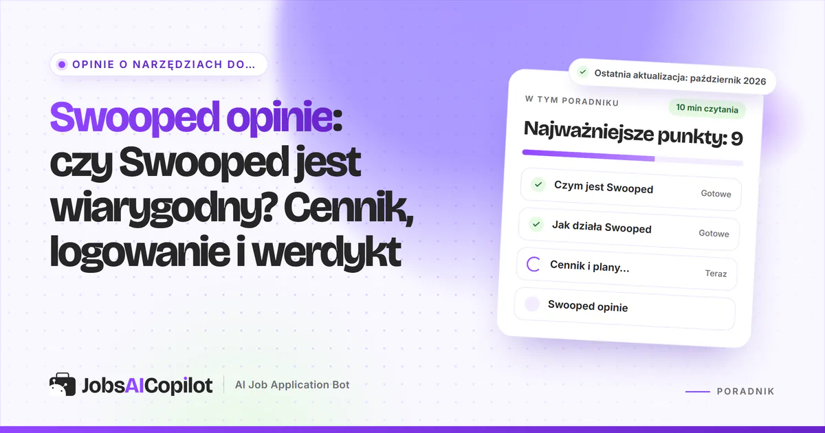 Okładka recenzji Swooped: karta z pytaniem, czy Swooped jest wiarygodny, z listą o cenach, logowaniu i werdykcie