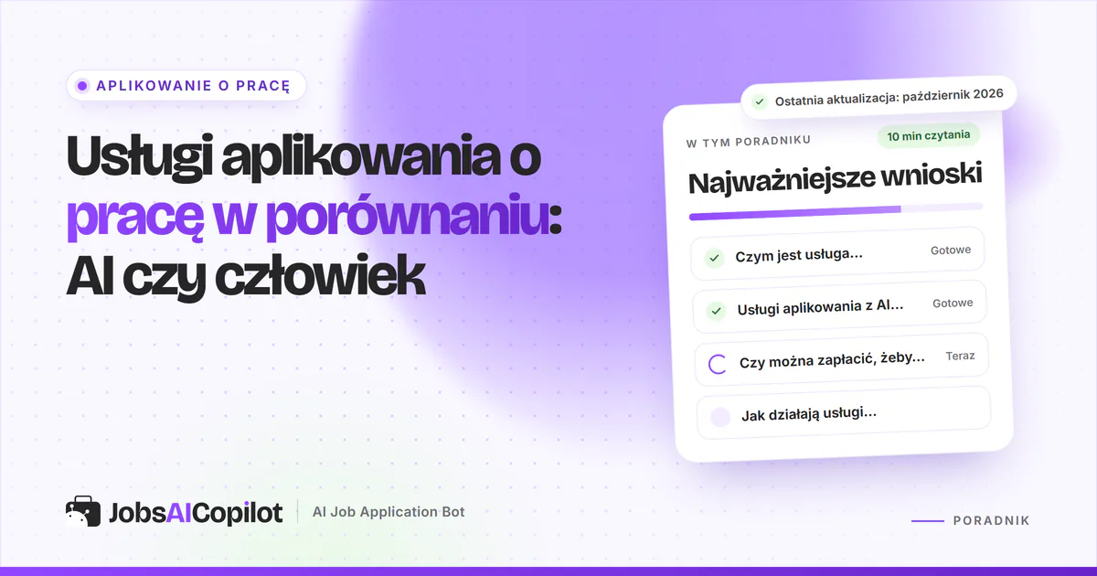 Karty porównania AI kontra człowiek z plakietką VS na fioletowej okładce JobsAICopilot