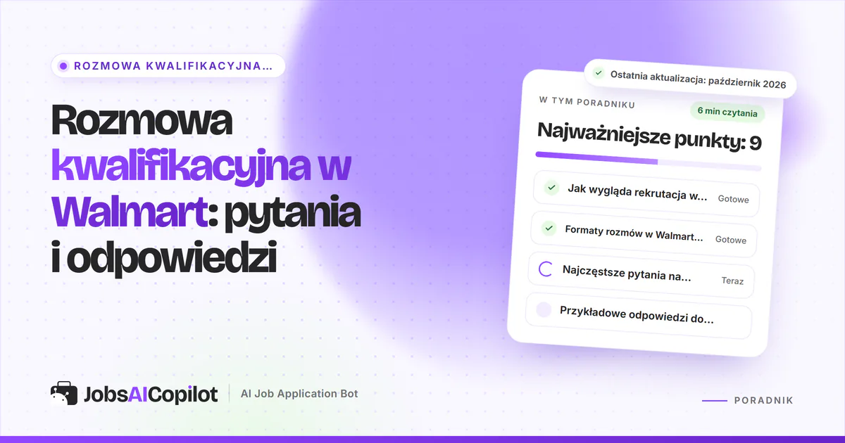 Pytania z rozmowy kwalifikacyjnej w Walmart jako czat z próbnej rozmowy na fioletowej okładce JobsAICopilot