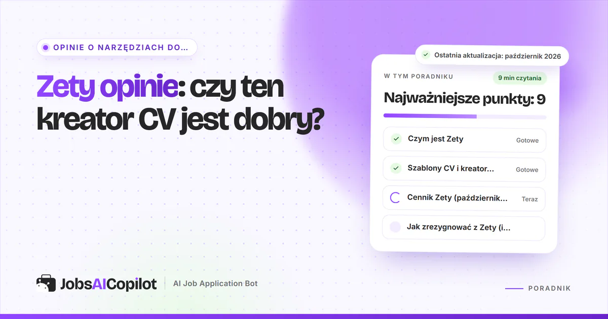 Zety opinie: karta z najważniejszymi funkcjami, rozbiciem cen i opiniami użytkowników na fioletowej okładce