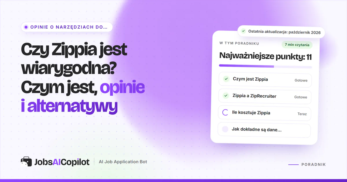 Czy Zippia jest wiarygodna? Karta z listą kontrolną: czym jest serwis, opinie i alternatywy na okładce JobsAICopilot