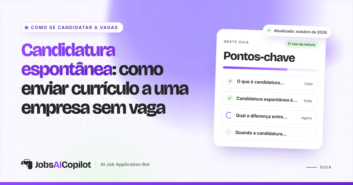 Candidatura espontânea: carta curta e e-mail enviados a uma empresa sem vaga aberta, em uma capa violeta do JobsAICopilot