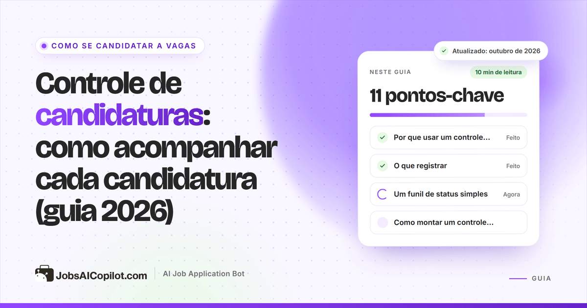 Controle de candidaturas com as etapas Salva, Enviada, Entrevista e Proposta, contatos e datas de acompanhamento