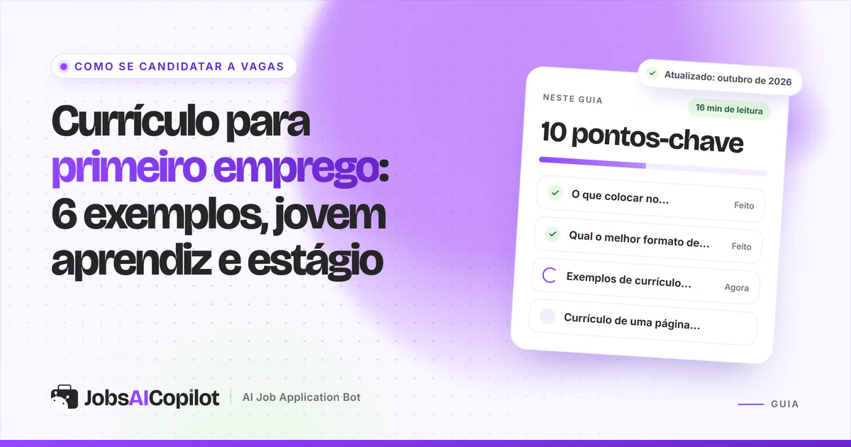 Currículo para primeiro emprego: currículo de uma página com formação e habilidades em uma capa violeta