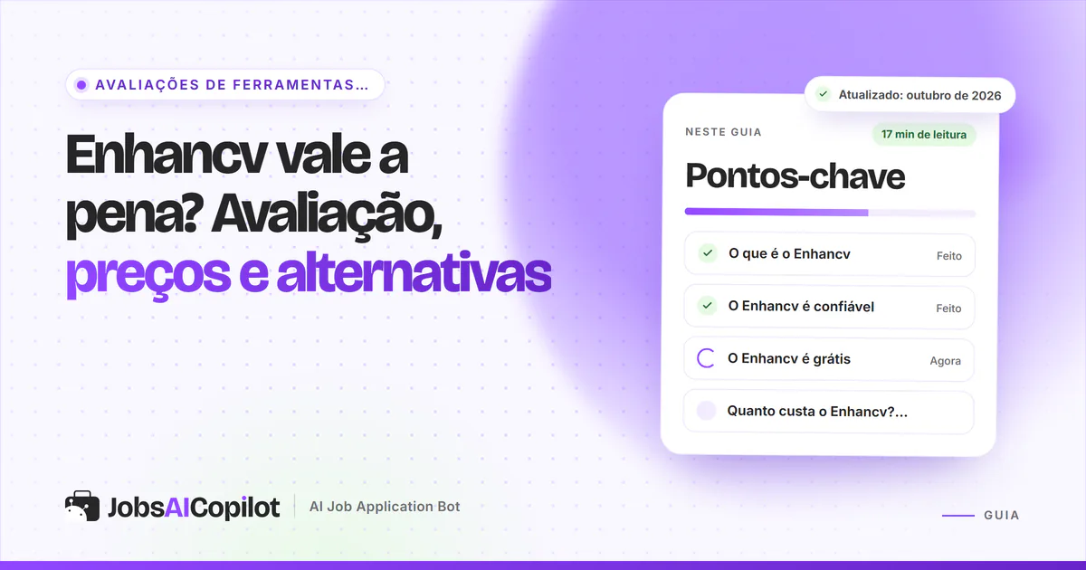 Avaliação do Enhancv: preços, plano grátis de 7 dias, reembolso, prós e contras em uma capa violeta do JobsAICopilot