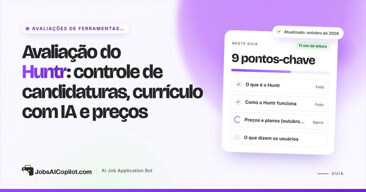 Capa da avaliação do Huntr: controle de candidaturas, currículo com IA e preços, ao lado de uma lista de veredito