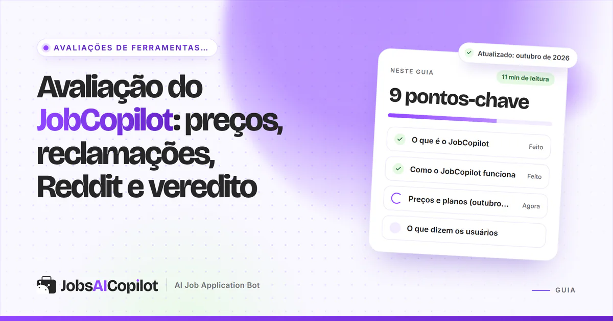 Capa da avaliação do JobCopilot: título “Preços, reclamações, Reddit e veredito” ao lado de uma lista de veredito