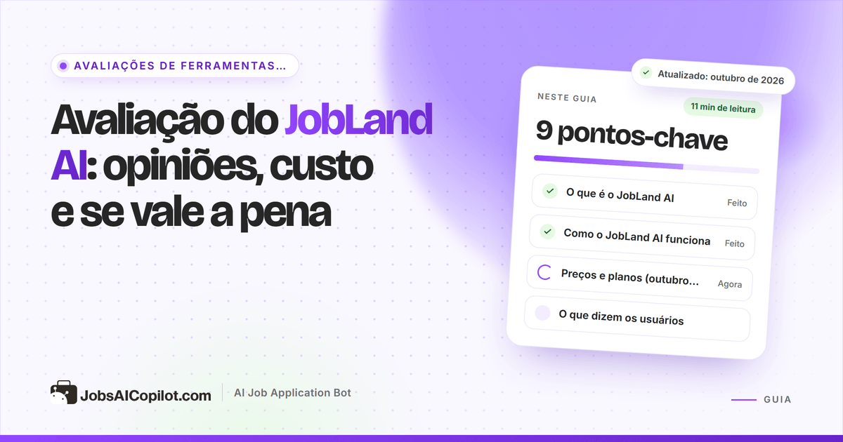 Capa da avaliação do JobLand AI: cartão sobre opiniões, custo e se vale a pena, ao lado de uma lista de veredito