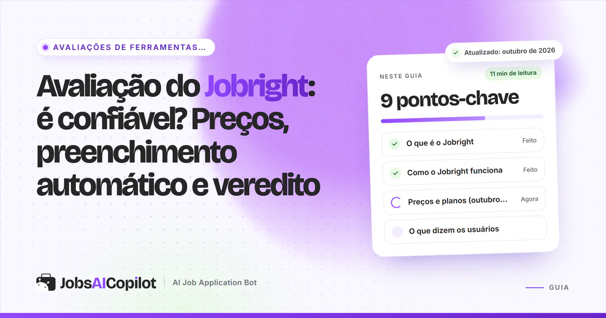 Capa da avaliação do Jobright: título “É confiável? Preços, preenchimento automático e veredito” ao lado de uma lista