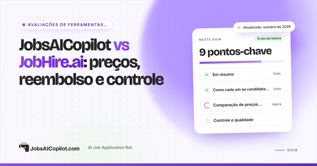 Capa JobsAICopilot vs JobHire.ai com preços publicados vs não publicados, regras de reembolso e limites diários