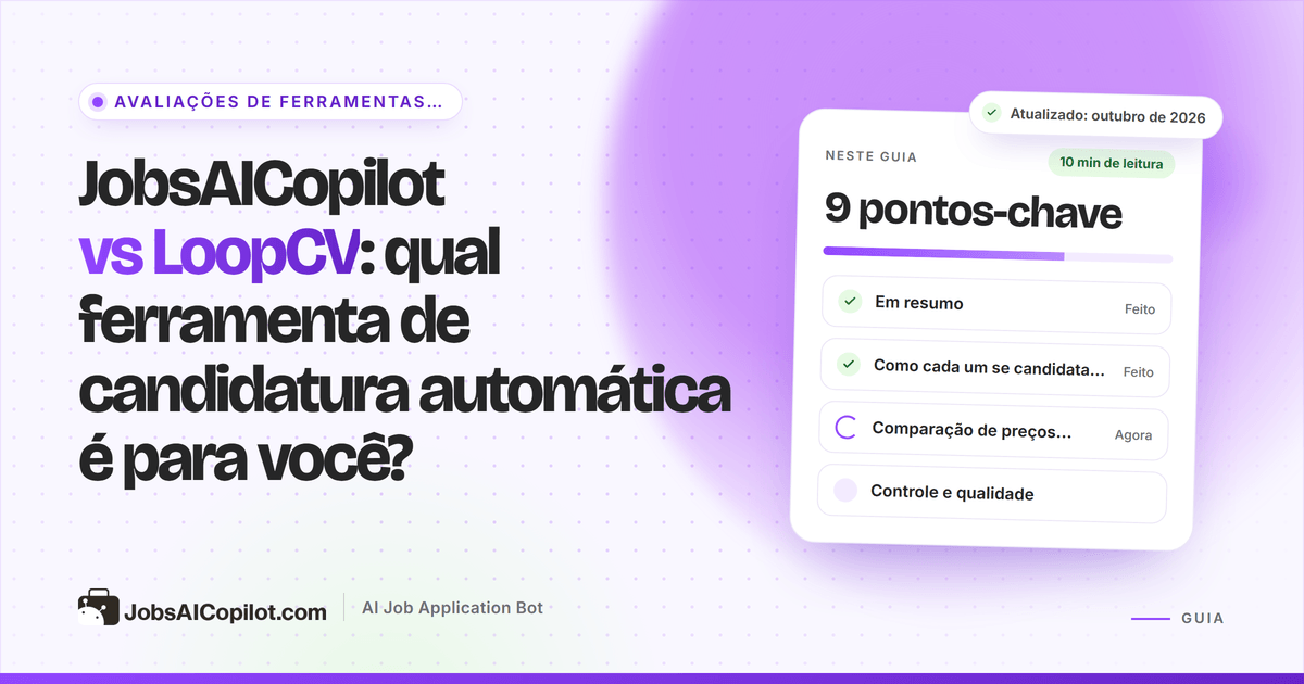 Capa JobsAICopilot vs LoopCV: duas colunas comparando preço, limites diários e controles de revisão