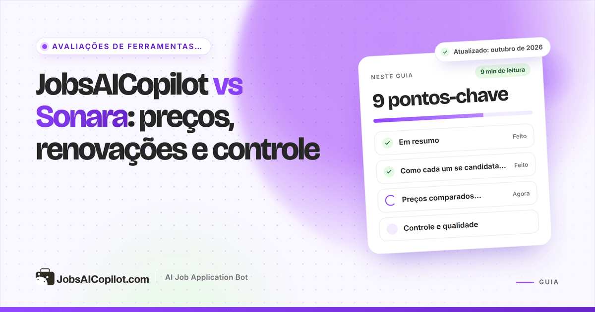 Capa JobsAICopilot vs Sonara: cartões lado a lado com preços, regras de renovação e controles de aprovação