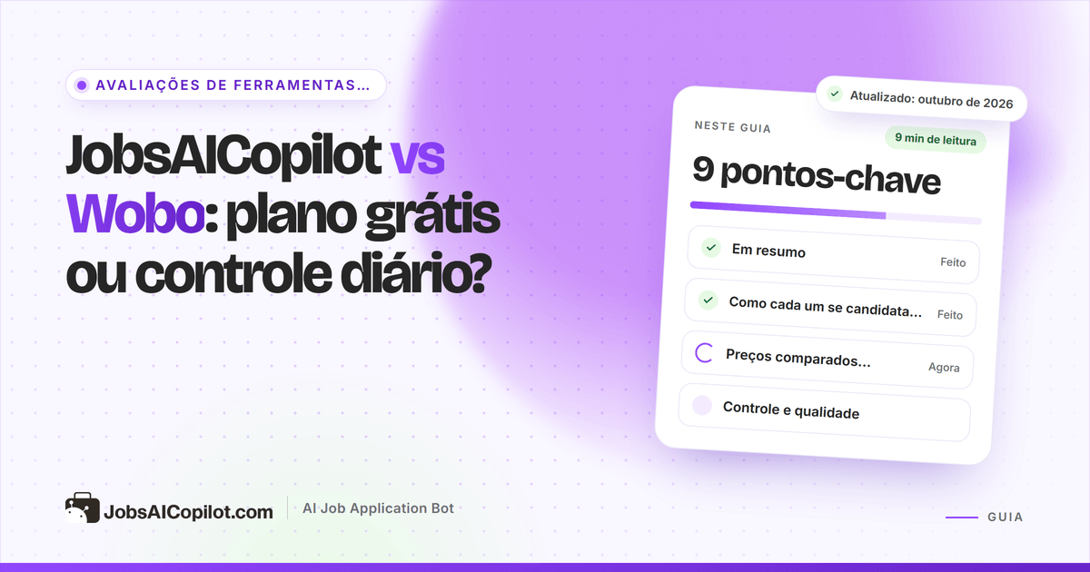 Capa JobsAICopilot vs Wobo: cartões de vagas para deslizar ao lado de uma fila diária de candidaturas com aprovação