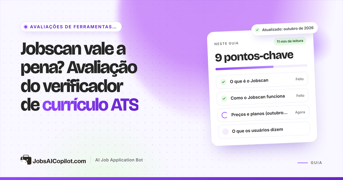 Capa da avaliação do Jobscan: cartão com a pergunta “o verificador de currículo ATS vale a pena?” e uma lista de veredito