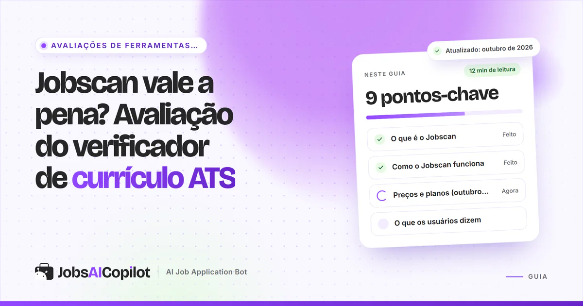 Capa da avaliação do Jobscan: cartão com a pergunta “o verificador de currículo ATS vale a pena?” e uma lista de veredito