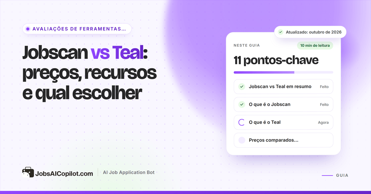 Jobscan vs Teal: relatório de compatibilidade ATS ao lado de um quadro de controle com candidaturas salvas