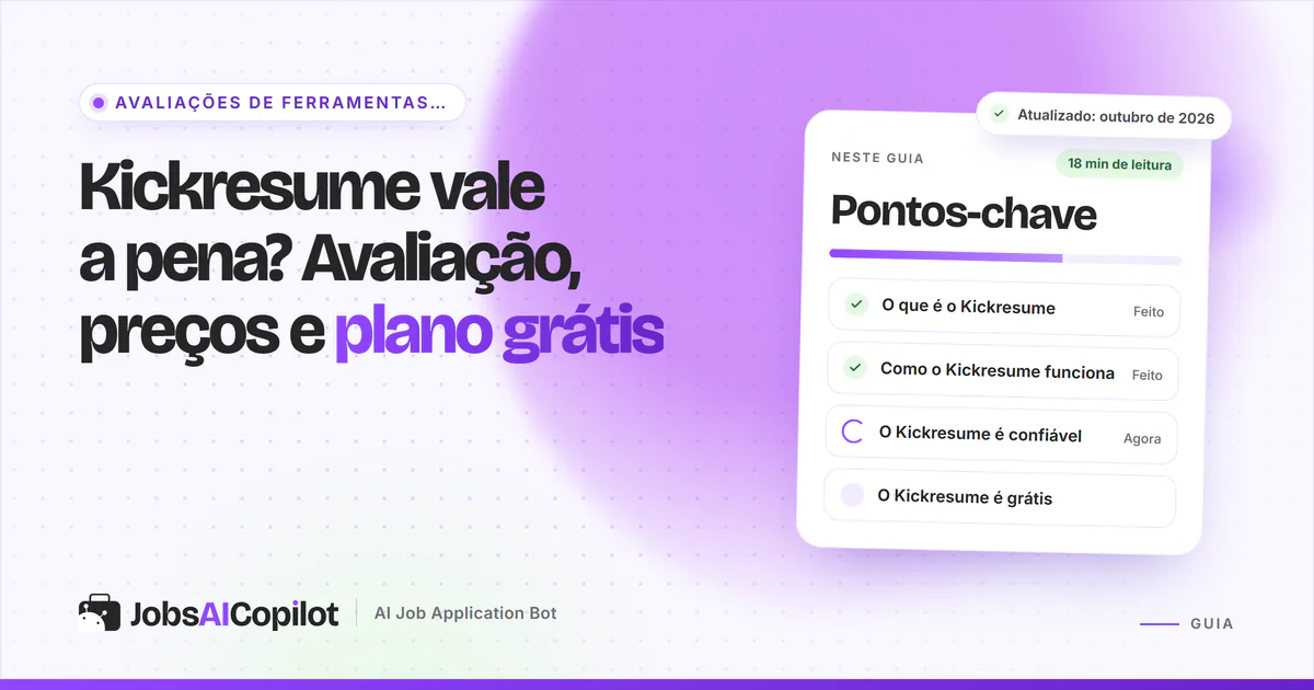 Avaliação do Kickresume: plano grátis, preços de 2026, reembolso e notas dos usuários em uma capa violeta do JobsAICopilot