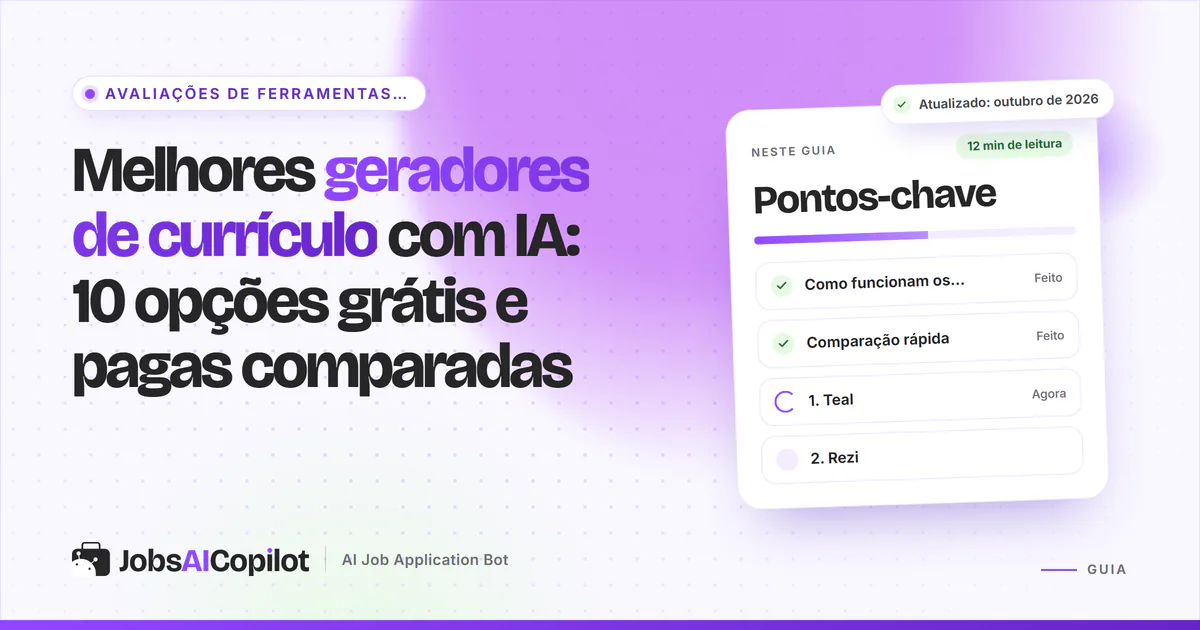 Comparativo lado a lado de dez geradores de currículo com IA e verificadores ATS, com planos grátis e preços iniciais em 2026