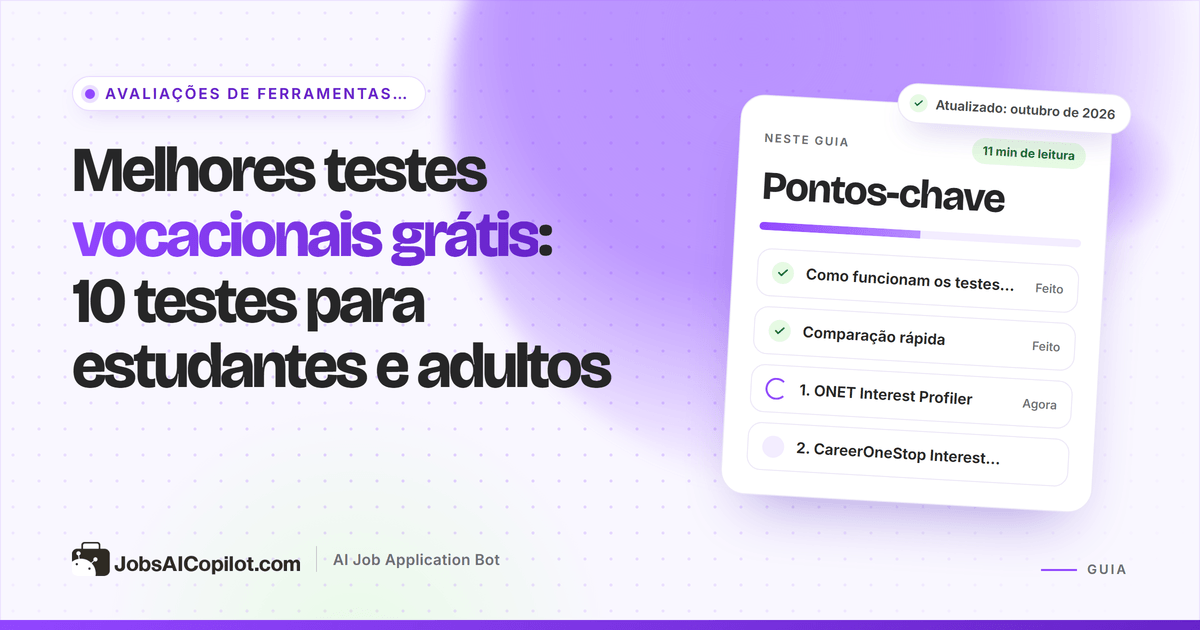 Estudante fazendo um teste vocacional grátis online, com resultados de interesses RIASEC e carreiras compatíveis na tela