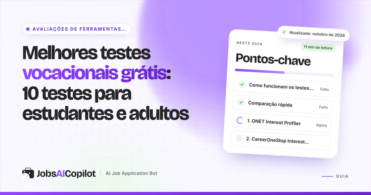 Estudante fazendo um teste vocacional grátis online, com resultados de interesses RIASEC e carreiras compatíveis na tela