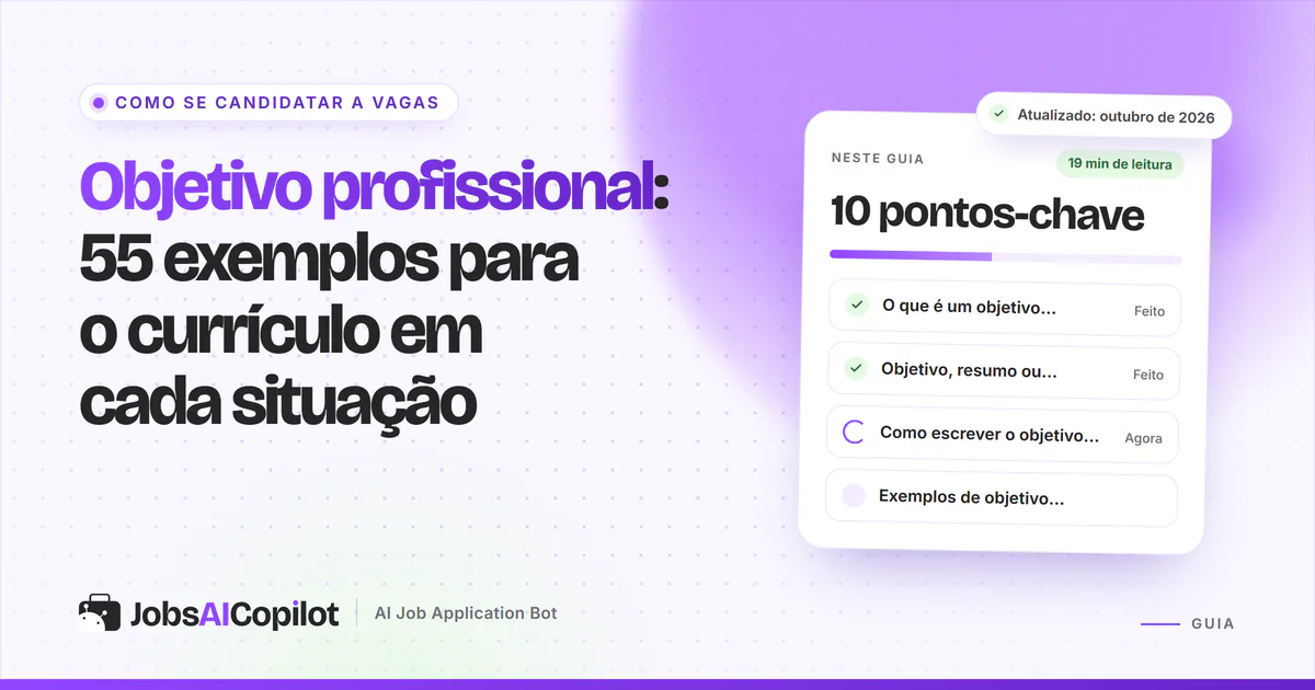 Exemplos de objetivo profissional: cabeçalho de currículo com um objetivo curto destacado em uma capa violeta