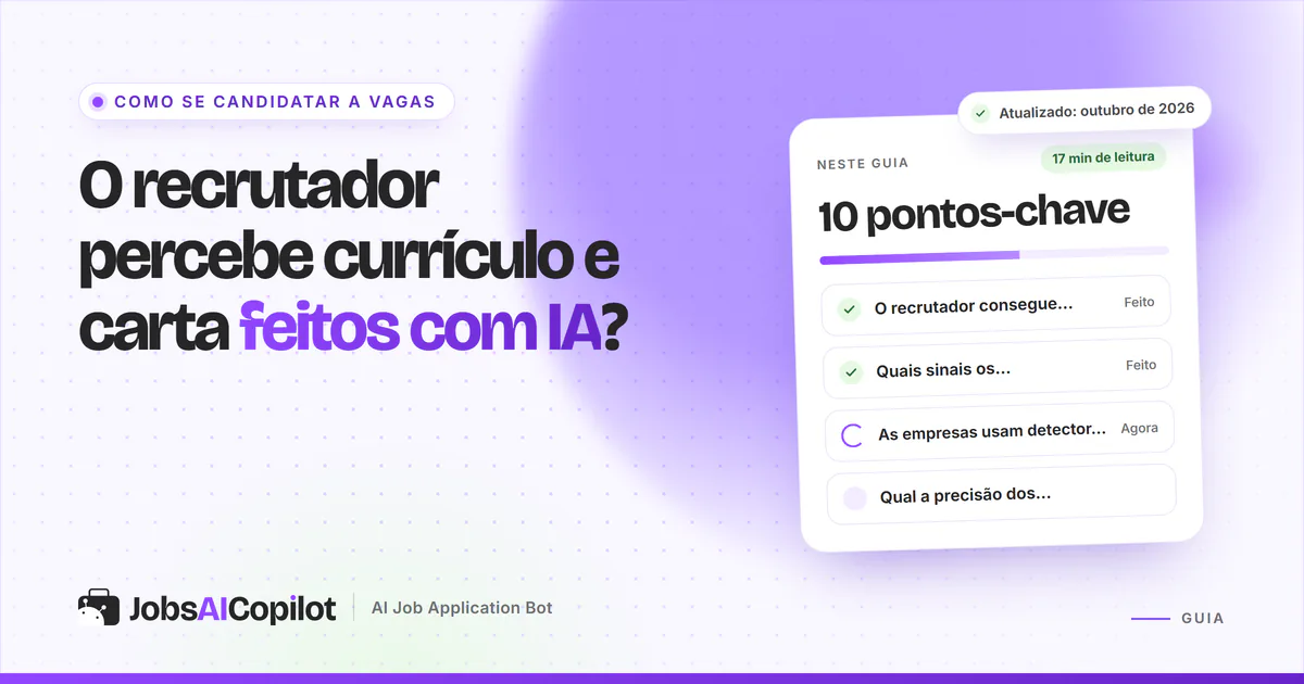 Recrutador percebe currículo feito com IA: currículo e carta de apresentação sob uma lupa, em capa violeta
