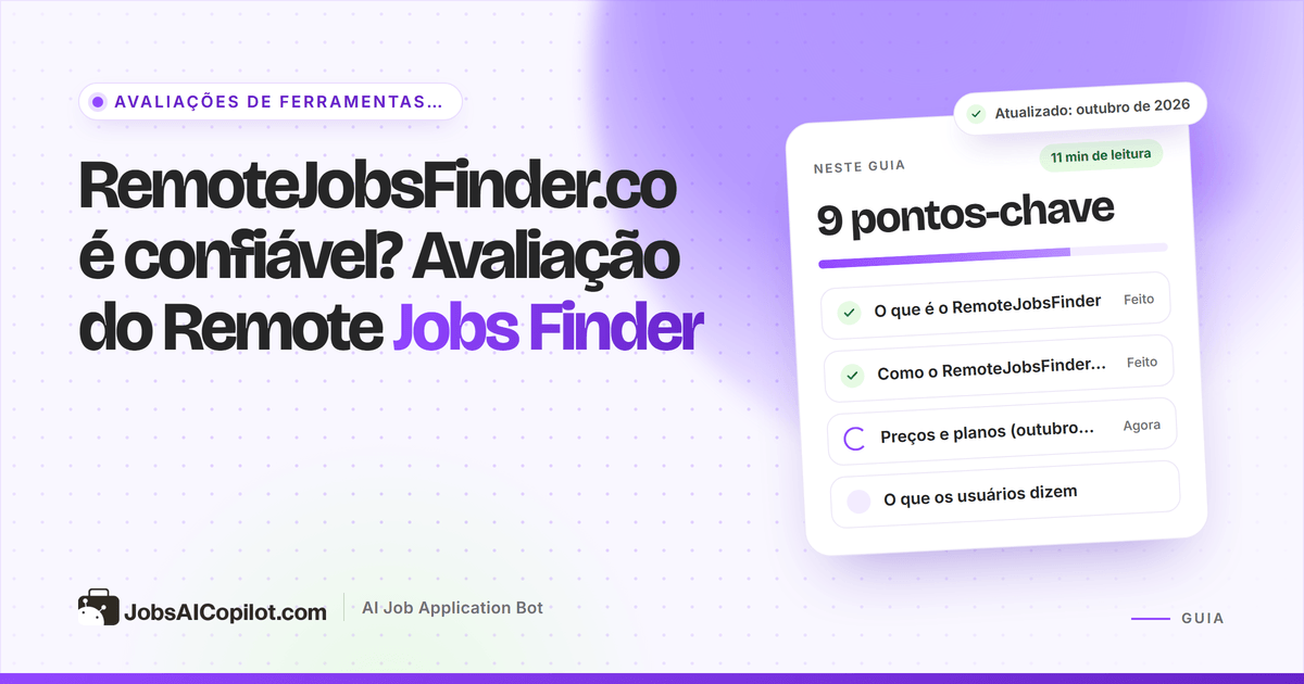 Capa da avaliação do RemoteJobsFinder.co: cartão com a pergunta “o Remote Jobs Finder é confiável?” e uma lista de veredito
