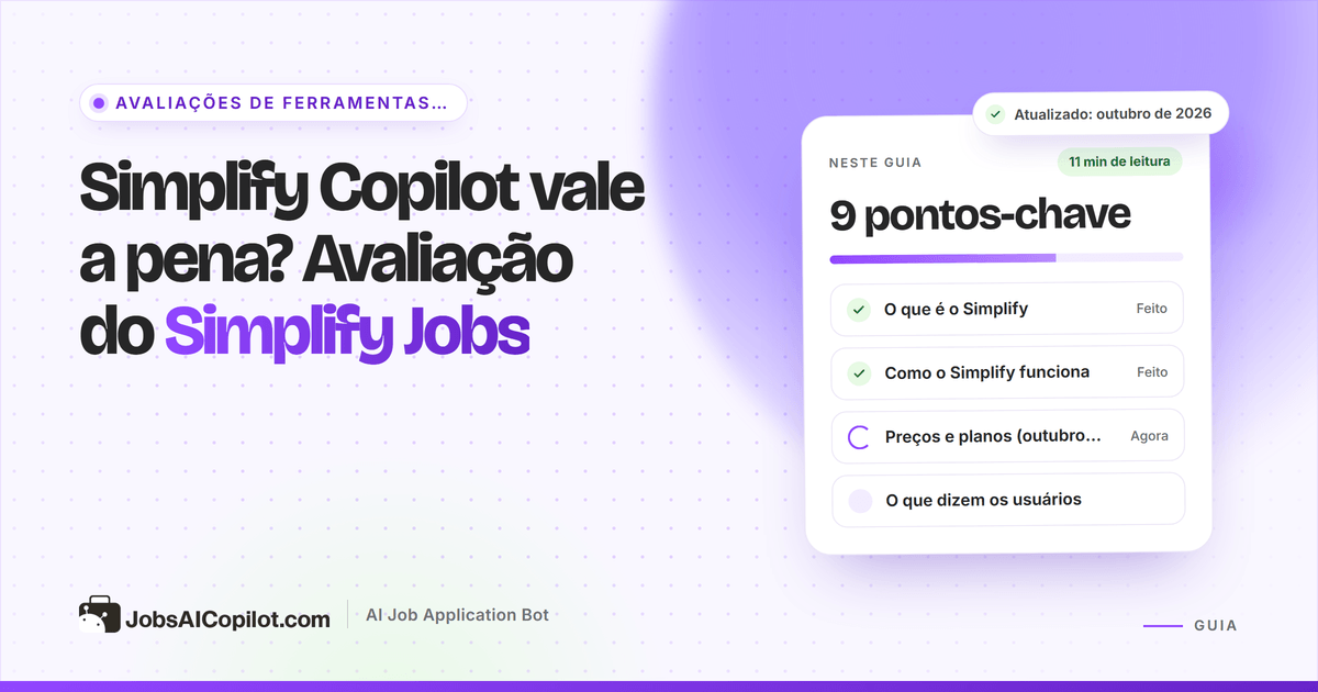 Capa da avaliação do Simplify Jobs: cartão com a pergunta “o Simplify Copilot vale a pena?” e uma lista de veredito