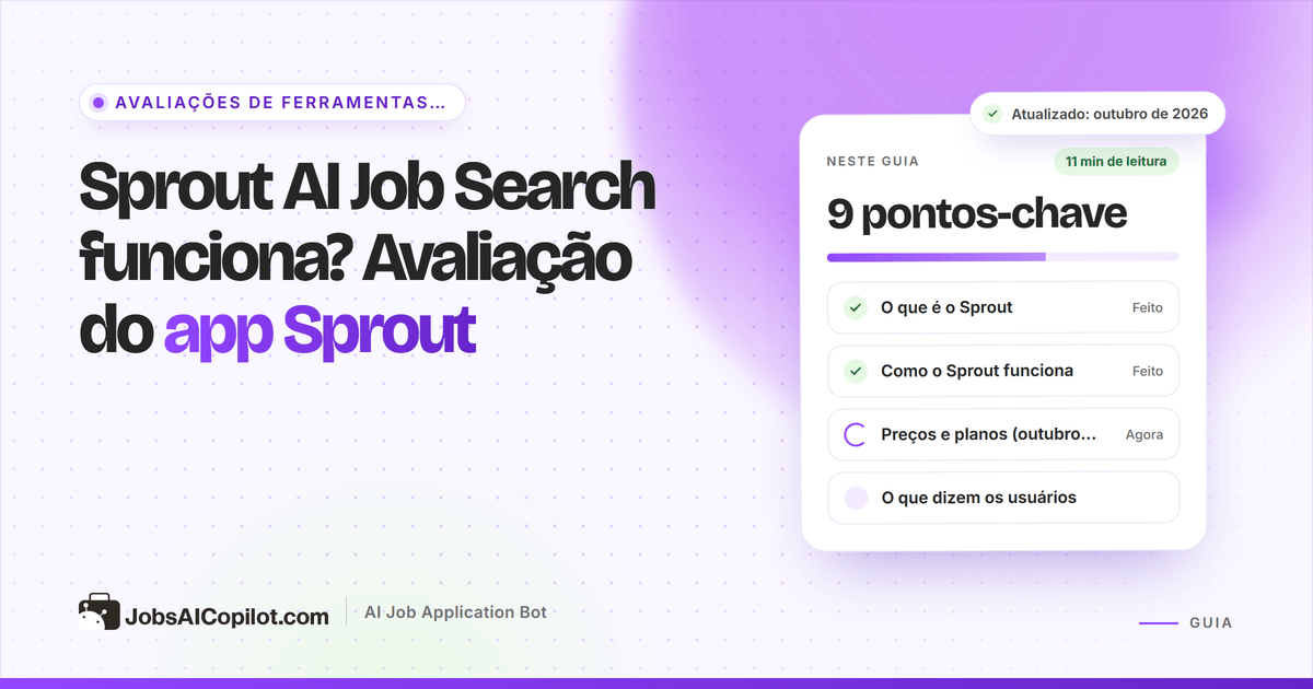 Capa da avaliação do Sprout AI Job Search: cartão com a pergunta “o app Sprout funciona?” e uma lista de veredito