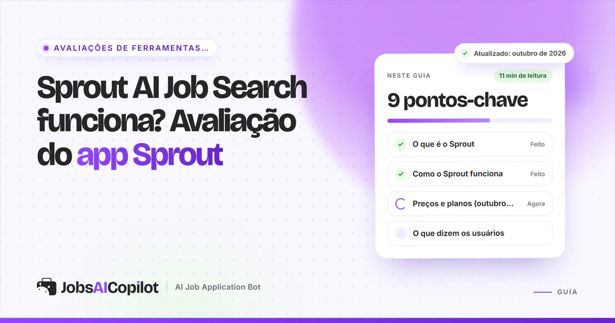 Capa da avaliação do Sprout AI Job Search: cartão com a pergunta “o app Sprout funciona?” e uma lista de veredito