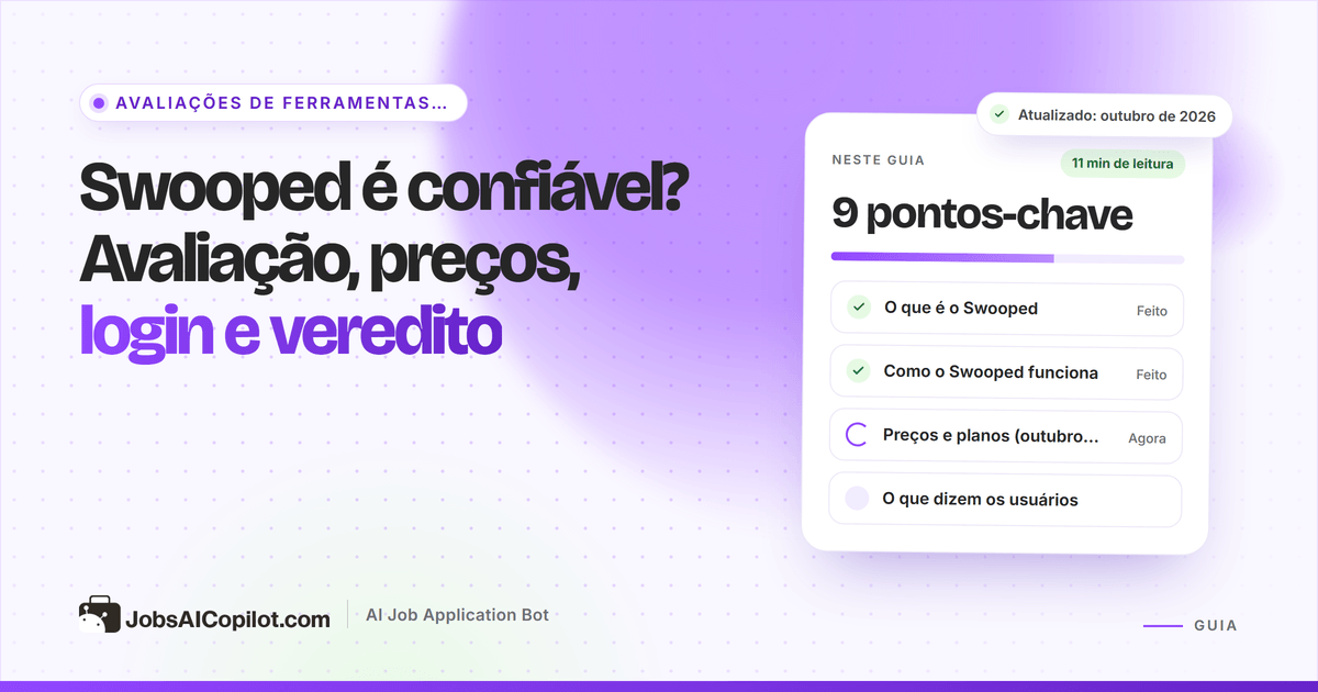 Capa da avaliação do Swooped: cartão com a pergunta “o Swooped é confiável?” e uma lista de preços, login e veredito