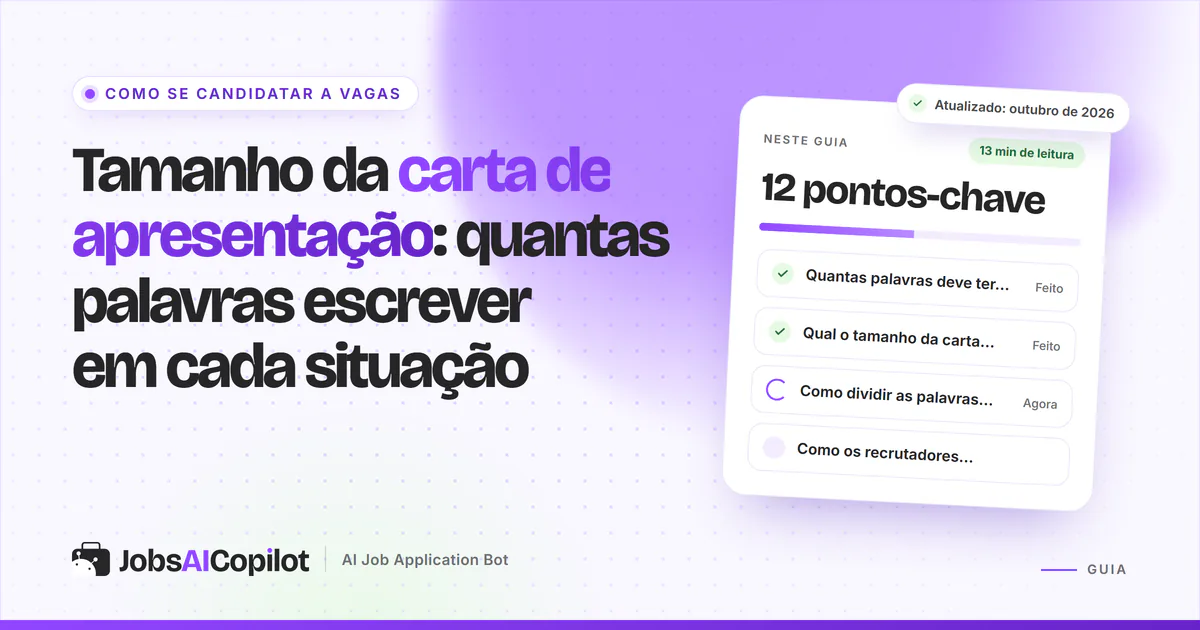 Tamanho da carta de apresentação: carta de uma página marcada com 250 a 400 palavras em uma capa violeta do JobsAICopilot